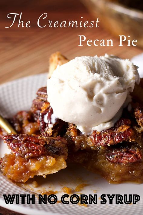 This Pecan Pie is rich and flavorful, with a deliciously smooth and creamy filling, plenty of toasted pecans, and no corn syrup. #pecanpie #nocornsyrup #easy #thanksgiving #pie #holiday | ofbatteranddough.com Creamy Pecan Pie Recipe, Pecan Pie Recipe No Corn Syrup, Pecan Pie Recipe Without Corn Syrup, Pumpkin Pecan Pie Recipe, Pecan Pie Without Corn Syrup, Maple Pumpkin Pie, Maple Pecan Pie, Homemade Pecan Pie, Thanksgiving Meals