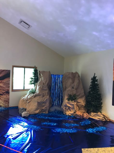 Vbs Waterfall, Fake Waterfall, Noahs Ark Vbs, Vbs 2024 Breaker Rock Beach, Breaker Rock Beach Vbs 2024, Waterfall Decoration, Breaker Rock Beach Vbs, Jungle Vbs, Ocean Vbs