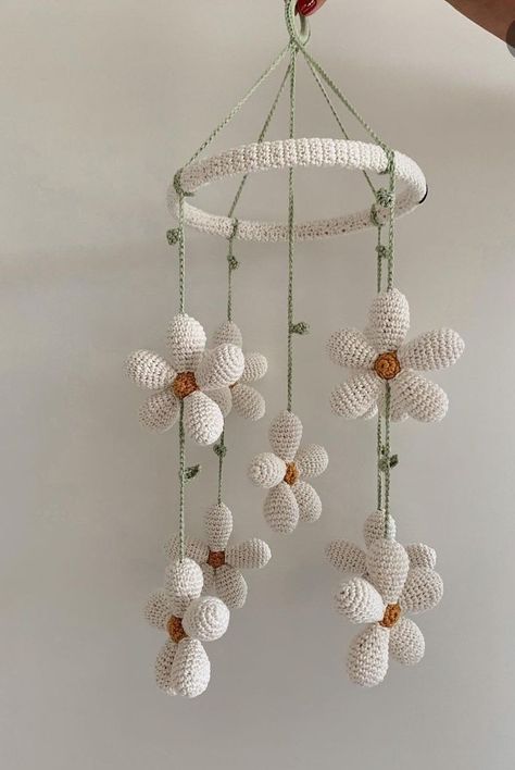 Crochet Butterfly Mobile Free Pattern, Crochet Mobile Toys, Crochet Flower Baby Mobile, Crochet Butterfly Mobile, Crochet Room Decor Wall Hangings, Crochet Nursery Mobile, Crochet Flower Mobile, Crochet Ceiling Hanging, Cottagecore Nursery Aesthetic