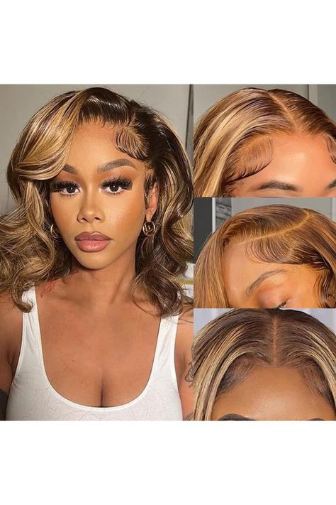 Ombre Body Wave Bob Wig Human Hair Pre Plucked 4/27 Honey Blonde Highlight Lace Front Short Body Wave Wig Human Hair 150% Density Wigs Human Hair with Baby Hair 12 Inch Side Part Bob, Honey Blonde Highlights, Cosplay Tips, Body Wave Wig, Blonde Ombre, Honey Blonde, Hd Lace, Womens Wigs, Bob Wigs