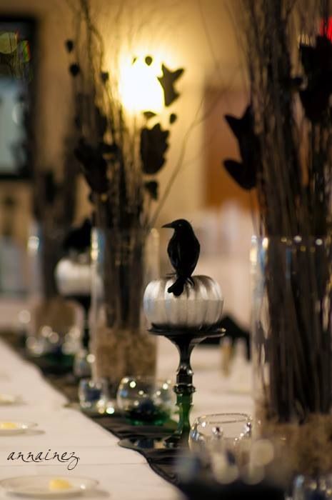 A view of the bridal head table at my wedding reception. Gothic classy Halloween wedding masquerade reception. Black and silver. Pumpkins crows ravens. Dark blue candles. Wedding Reception Classy, Bridal Head Table, Classy Halloween Wedding, Dark Blue Candles, Masquerade Wedding, Classy Halloween, Halloween Themed Wedding, Wedding Floral Centerpieces, Goth Wedding