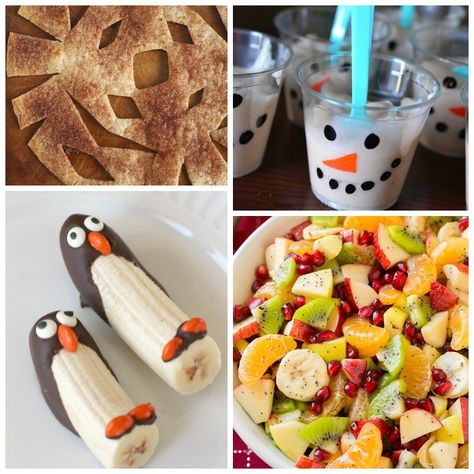 Healthy snacks for kids with a winter theme! Snowmen, penguins, snowflakes, ice skaters, and more! Plenty of fruit and veggie choices, great for school parties. Winter Snacks For Kids, Fall Recipes Snacks, Healthy Fall Snacks, Winter Snacks, Healthy Party Snacks, Kids Snack Food, Healthy Winter Meals, Winter Snack, Healthy Toddler Snacks