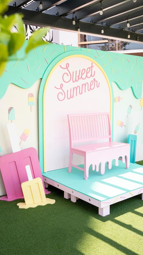 It’s a Sweet Summer over at @bellaterrahb. Loving this new this new photo-op! @mikellywoodshop came through once again!! . . . #backdrop… | Instagram Photo Backdrops Ideas, Popsicle Backdrop, Ice Cream Selfie Wall, Candy Photo Backdrop, Summer Backdrop Ideas, Summer Backdrop, Photo Op Wall, Event Entrance, Splash Party