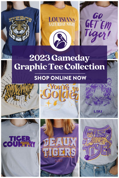 College game day outfit inspo is here! Walk into LSU Tiger Stadium with graphic tees that show off your LSU tiger pride in purple and gold! Dress up for Tailgates or dress down, these graphic tees can be styled in so many ways. If you are calling baton thing football season shop Sweet Baton Roug School Overalls, Jaguar Football, Gameday Shirts, College Game Day Outfit, Lsu Tiger Stadium, Lsu Gameday, Lsu Outfits, School Spirit Shirts Designs, Lsu Shirt