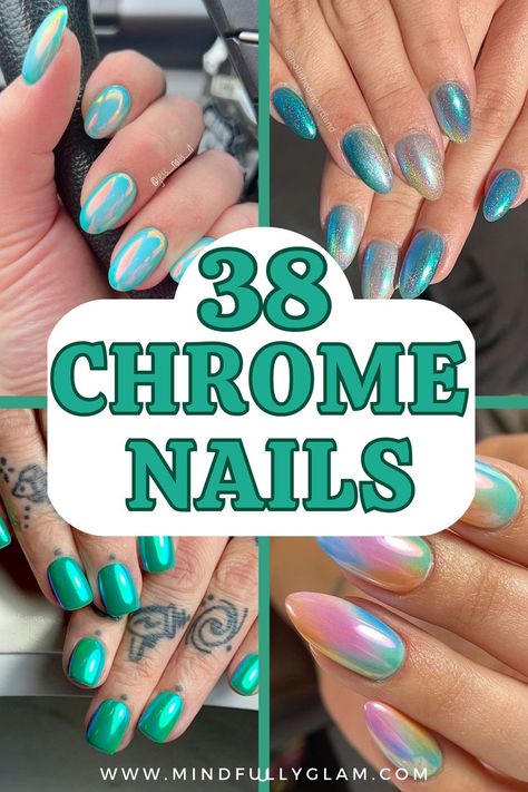 chrome nails Teal Nails With Chrome, Chrome Dip Nails Ideas, Chameleon Chrome Nails, Blue Green Chrome Nails, Irredecent Nail Designs, Turquoise Chrome Nails, Short Nails Chrome, Chrome Dip Nails, Iridescent Chrome Nails