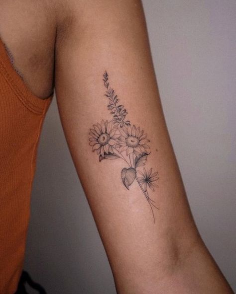 Flower Tattoos With Sunflowers, Tattoo Ideas Female Neck For Women, Sunflower And Cosmos Tattoo, Sunflower Dainty Tattoo, Bouquet Of Sunflowers Tattoo, Sunflower Shoulder Tattoos For Women, Mini Ankle Tattoos, Dainty Sunflower Tattoo Small, Best Friend Flower Tattoos