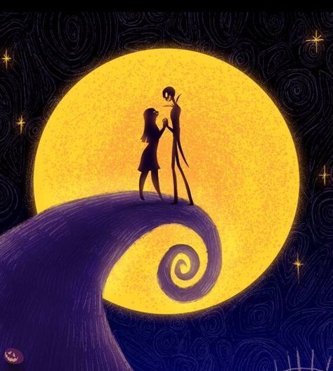 Nightmare before Christmas silhouette of just jack and Sally Nightmare Before Christmas Moon Scene, Nightmare Before Christmas Starry Night, Nightmare Before Christmas Hill Scene, Nightmare Before Christmas Mural, Christmas Town Nightmare Tim Burton, Nightmare Before Christmas Mountain, Disney Love Wallpapers, Nightmare Before Christmas Hill, Nightmare Before Christmas Bedroom