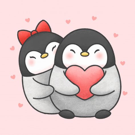 Cute penguin couple cartoon hand drawn s... | Premium Vector #Freepik #vector #baby #heart #love #gift Penguin Couple Drawing, Cute Penguin Couple, Couple Doodle, Doodles Kawaii, Cute Penguin Cartoon, Penguin Couple, Love Cartoons, Penguin Drawing, Kawaii Penguin