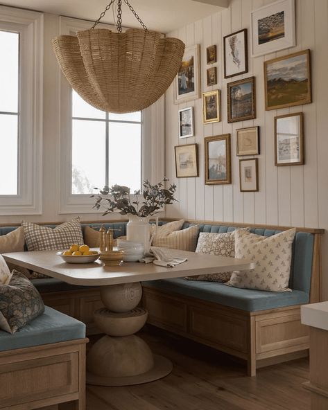 Ashley Montgomery, Seating In Kitchen, Dining Room Nook, Cozy Brunch, Banquette Seating In Kitchen, Blue Interiors, Kitchen Banquette, Kitchen Seating, Dining Room Storage