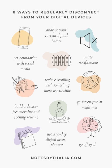 8 ways to regularly disconnect from your digital devices including analyse your current digital habits, mute notifications, set boundaries with social media, replace scrolling with something more worthwhile, go screen-free at mealtimes, build a device-free morning and evening routine, use a 30-day digital detox planner, go off grid for a few days. Black italic text on off-white background with black outlined icons and coloured shapes. Decrease Social Media Use, Staying Off Social Media, Kaizen Challenge, Social Media Detox Aesthetic, Digital Detox Aesthetic, Social Media Isnt Real Life Quotes, No Social Media Challenge, Social Media Detoxing, Social Media Detox Challenge