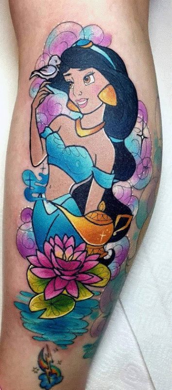 30+ Amazing Jasmine (Disney Princess) Tattoo Designs with Meanings and Ideas 31 Princess Jasmine Tattoo Ideas, Princess Jasmine Tattoo, Jasmine Disney Princess, Jasmine Tattoo, Birthday Tattoos, Pink Rose Tattoos, Gem Tattoo, Ink Therapy, Disney Princess Tattoo