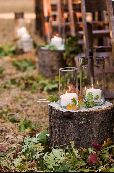 Wood stumps with candles on top for aisle decor. This pin goes to the site to buy the stumps. Wedding Aisles, Deco Champetre, Outdoor Fall Wedding, Wedding Aisle Decorations, Wedding Inside, Aisle Decor, Wedding Bows, Tree Stump, Wedding Aisle