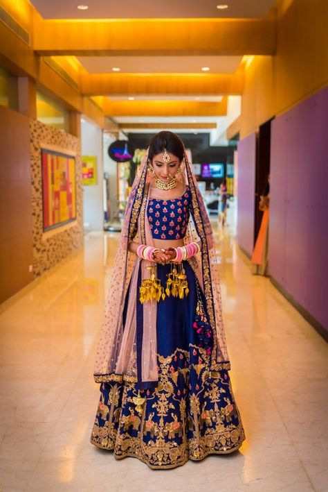 Seaside Mumbai Wedding With A Bunch Of Cool Ideas! Blue Bridal Lehenga, Lehenga For Bride, भारतीय दुल्हन संबंधी, Navy Blue Lehenga, Latest Bridal Lehenga Designs, Mumbai Wedding, Pengantin India, Latest Bridal Lehenga, Wedding Lehenga Designs