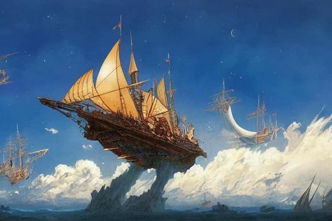 Sky Ship Fantasy Art, Fantasy Transportation, Flying Ship Fantasy Art, Fantasy Airship, Airship Concept Art, Airship Art, Flying Ship, Fantasy Story Ideas, Bloodborne Art