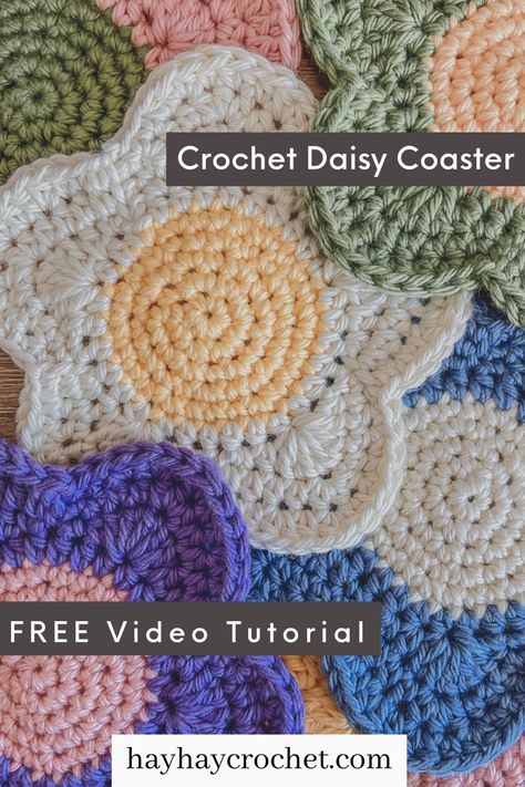 Crochet Daisy Coasters Free Pattern, Easy Coaster Crochet Pattern Free, Crochet Flower Dishcloth Pattern Free, Coaster Flower Crochet, Flower Crochet Coaster Free Pattern, Crochet Daisy Coaster, Easy Crochet Coasters For Beginners, Flower Crochet Coasters, Crochet 2d Flower