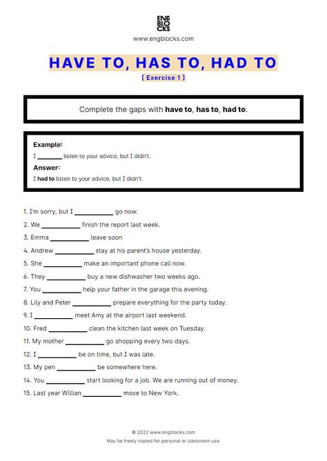 Have to, has to, had to - Exercise 1 - Worksheet | English Grammar Have Has Had, Have To Has To Worksheet, Had Worksheet, High School Quotes, English Grammar Exercises, English Language Test, 1 Worksheet, Grammar Exercises, English For Beginners