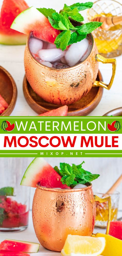 Complete your Labor Day party ideas with this Moscow mule variation! Deliciously fruity and refreshing, this watermelon Moscow mule recipe is a fun summer cocktail for everyone. There's nothing like celebrating with this alcoholic drink! Spring Drink Recipes, Fruity Cocktail Recipes, Easy Party Drinks, Popular Cocktail Recipes, Labor Day Party, Easy Mocktail Recipes, Easy Alcoholic Drinks, Spring Drink, Moscow Mules