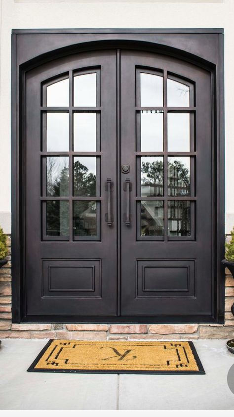 Front Door With Side Lights, Arch Front Door, Double Front Entry Doors Modern Wrought Iron, Iron Front Door Double Entrance, Bermuda House, Double Front Entry Doors Farmhouse Iron, Double Door Entrance Iron, Adu House, Front Door Black