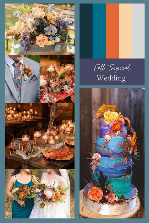 Orange and Teal wedding palette with metallic gold, purple, blue, burnt orange, rust, green, and off-white accent colors. Bird of paradise, blue thistle, blue larkspur delphinium, protea, garden rose, and other greenery as flowers. Blue And Orange Tropical Wedding, Fall Tropical Wedding, Orange And Teal Wedding, Protea Garden, Larkspur Delphinium, Thistle Blue, Blue Larkspur, Teal Blue Weddings, Future Aspirations