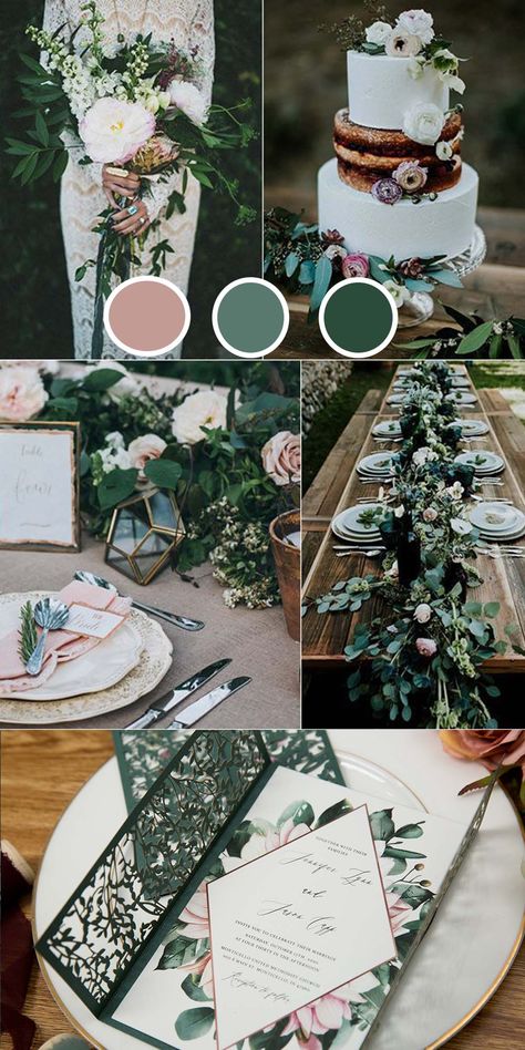 Forest Green Aesthetic Wedding, Evergreen And Blush Wedding, Fairy Garden Wedding Colors, Forest Green Wedding Pallet, Wedding Color Palette Emerald Green, September Wedding Ideas Color Palettes, Forest Wedding Palette, Hunter Green Wedding Color Palette, Fantasy Wedding Colors