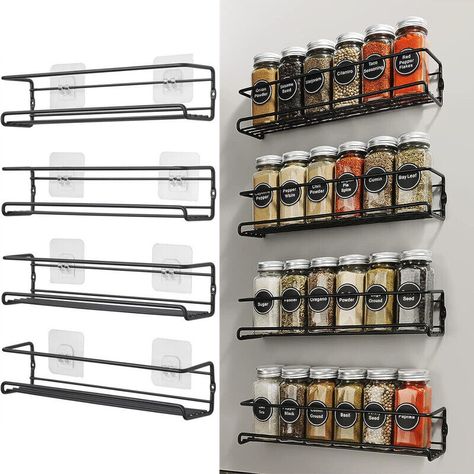 Product Details Features: This spice rack keeps the kitchen tidy and allows you to find the spice bottles immediately, which is suitable for the wall, kitchen cupboard, workshop and decoration It has two installation ways. You can hang the spice racks on the wall with adhensive stickers without driling or hang it with screws. Adhensive stickers and screws will be included in the package. Stable and durable. Our spice racks are made of metal. They are stainless and corrosion resistant. They can be hung firmly on the wall and will not fall down. The kitchen shelf is good for organizing the kitchen and is also used to organize the bathroom or for decoration in the living room or office. Specification: Material: Metal Colour: Black Size: 29*6.5*6.5cm QTY: 2/4PCS Package Included : 2 or 4pcs x Organised Kitchen Cupboards, Cupboard Door Storage, Homemade Spice Rack, Kitchen Wall Storage Ideas, Spices Organization, How To Decorate Kitchen Shelves, Spice Rack Design, Spice Rack Ideas, Cupboard Organization