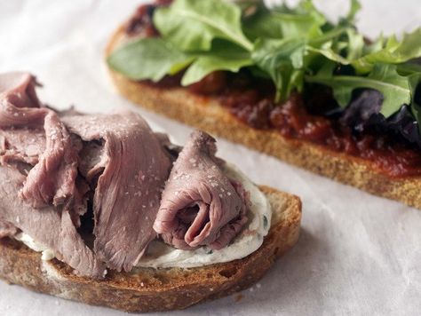 Roast Lamb Sandwich with Tomato Chutney and Rosemary Goat Cheese from 'Flour, Too' Beef Bruschetta, Lamb Sandwich, Roast Beef And Horseradish, Boneless Leg Of Lamb, Flour Bakery, Horseradish Cream, Roast Lamb, Tomato Chutney, Lamb Roast