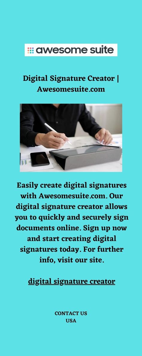 Easily create digital signatures with Awesomesuite.com. Our digital signature creator allows you to quickly and securely sign documents online. Sign up now and start creating digital signatures today. For further info, visit our site. Signature Creator, E Signature, Digital Signature, Cloud Based, Signs, The Creator