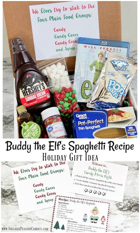 Elf Family Movie Night, Christmas Movie Themed Gifts, Elf Spaghetti, Family Movie Night Gift, Elf Themed Christmas Party, Movie Basket Gift, Elf Party, Recipe Gift, Smashed Peas