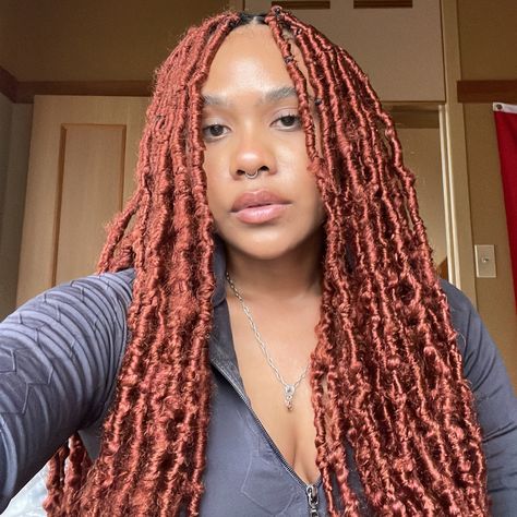 Dark Red Faux Locs, Ginger Faux Locs, Brown Faux Locs, Red Faux Locs, Butterfly Locks, Red Locs, Extension Styles, Red Orange Hair, Future Hairstyles