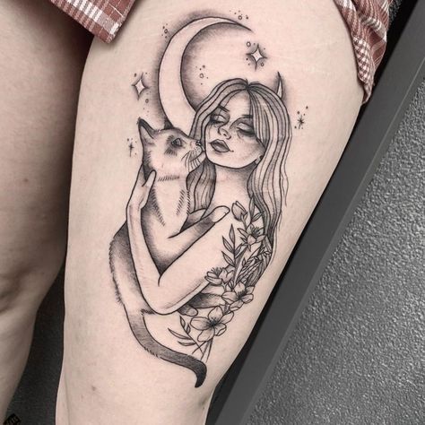 Fairy And Cat Tattoo, Woman Cat Tattoo, Cat And Woman Tattoo, Woman And Cat Tattoo, Spiritual Cat Tattoo, Cat Goddess Tattoo, Front Of Forearm Tattoo, Cat Thigh Tattoo, Cat Lady Tattoo