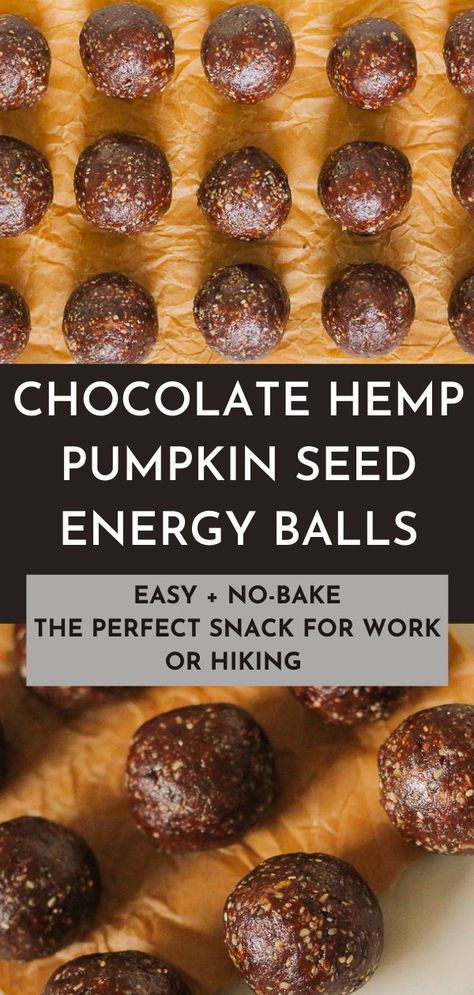 These healthy chocolate hemp pumpkin seed energy balls are easy to make and the best way to satisfy your hunger while working or hiking! Hemp Seed Energy Balls, Pumpkin Seed Balls, Pumpkin Seed Energy Balls, Aip Energy Balls, Hemp Heart Protein Balls, Hemp Protein Balls, Hemp Seed Cookies, Chia Seed Energy Balls, Pumpkin Seed Snacks