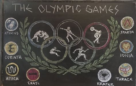 Ancient Greece Olympics, Ancient Greece Lessons, Classroom Chalkboard, Persephone Hades, Greek Drawing, Sport Art Projects, Ancient Olympics, Greece History, Greek Pantheon