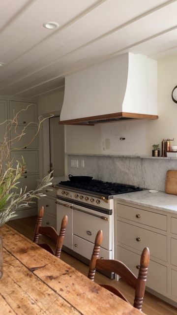 Custom Wood Range Hood, Plaster Hood With Wood Trim, Plaster Hood Kitchen, Hood Design Kitchen, Period Kitchen, Kitchen Hood Ideas, Roman Clay, Wooden Range Hood, Hood Vents