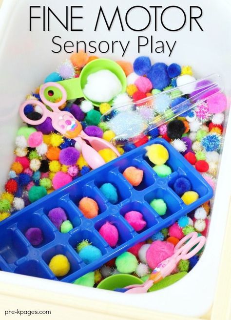 Fine Motor Sensory Bin Play. Use common items from the dollar store to create a fun sensory bin for your preschooler that will help develop fine motor skills too! Puff Ball Sensory Bin, Shoebox Sensory Bins, Classroom Sensory Bins, First Day Of School Sensory Bin, Ball Sensory Bin, Sensory Storytime, Sensory Bin Ideas, Sensory Bin Play, Toddler Sensory Bins