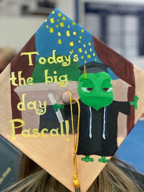 Painted graduation cap of Pascal and the words “today’s the big day Pascal!” Tangle Graduation Cap, Rapunzel Graduation Cap Ideas, Graduation Cap Designs Tiana, Tangled Themed Graduation Caps, Wall-e Graduation Cap, Disney Inspired Graduation Caps, Grad Cap Ideas Tangled, Tinkerbell Graduation Cap, Tangled Grad Cap