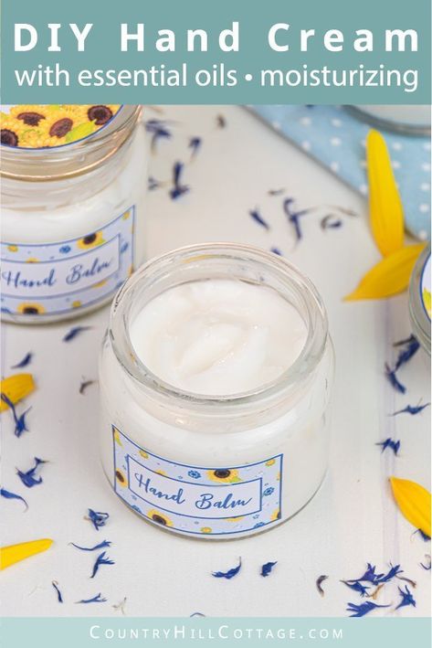 Formulated with natural ingredients and essential oils, this easy homemade hand cream moisturises and revitalizes tough, dried out hands. The non greasy DIY hand lotion absorbs quickly and locks moisture in the skin, making your hands feel silky smooth and healthy. Learn how to make this lotion recipe perfect for dry skin and anti aging. This beauty products also make a cute gift and comes with a packaging idea.  #handcream #lotion #moisturizer #essentialoils #skincare | countryhillcottage.com Diy Hand Lotion, Hand Lotion Recipe, Homemade Hand Cream, Hand Cream Recipe, Hand Cream Homemade, Diy Hand Cream, Lotion Recipe, Hand Moisturizer, Creme Anti Age