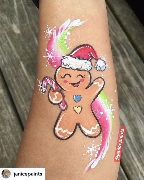 Gingerbread Man Face Paint, Gingerbread Faces Painting, Old School Rose, Xmas Makeup, Christmas Face Painting, Cheek Art, Girl Face Painting, Arm Painting, Festival Face