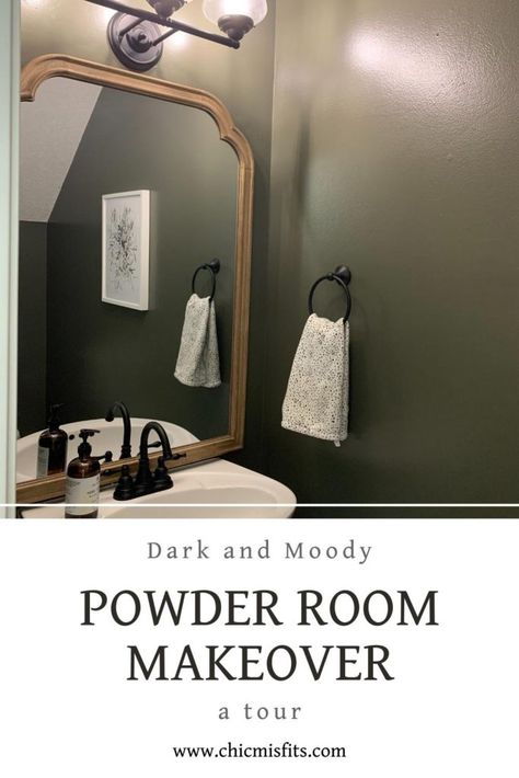 Dark Gray Half Bath, Small Bathroom Ideas Dark Walls, Dark And Moody Paint Schemes, Kendall Charcoal Powder Room, Olive Powder Room, Dark Gray Walls Bathroom, Powder Room Green Walls, Powder Room With Black Fixtures, Powder Bathroom Paint Ideas