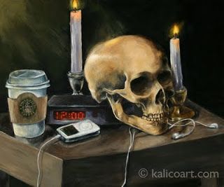 Vanitas Painting. Usually you see skulls with more depressing things like dungeons or chains, but this is interestingly modern with the alarm clock, starbucks and ipod. Momento Mori Still Life, Vanitas Paintings, All Is Vanity, Momento Mori, Gcse Art, Arts Ed, Human Skull, The Attic, A Level Art