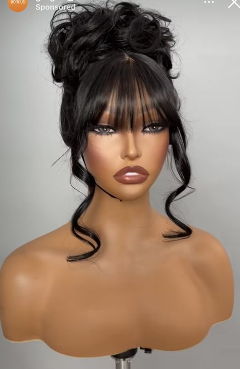 Bangs With Updo Messy Buns, Frizzy Hair Hairstyles Black Women, Updo Bangs Wedding, Elegant Bun Black Women, Hair Style Ideas For Photo Shoot, Wig Updos For Black Women, Elegant Wig Hairstyles, Pearls In Hair Black Woman, 50s Hairstyles Black Women