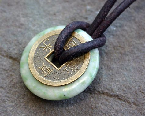 Leather Necklace with Peace Jade and Chinese by SunnyBeachJewelry Charm Tattoo, Coin Jewellery, Chinese Coin, Surfer Jewelry, Cord Choker, Chinese Accessories, Chinese Jade, Cord Jewelry, Coin Bracelet