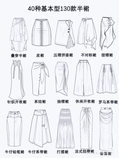 Skirt Flat Drawing, Skirts Sketches, Skirt Technical Drawing, Skirt Types, Skirt Drawing, Fashion Design Classes, Clothing Pattern Design, Flat Drawings, Fashion Illustration Collage