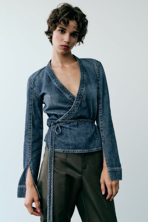 TRF DENIM WRAP SHIRT - Navy blue | ZARA United States Oversized Striped Shirt, Oversized Linen Shirt, Perfect Pant, Wrap Shirt, Chic Blouses, Zara Blouse, Denim Blouse, Wide Pants, Women Shirts Blouse