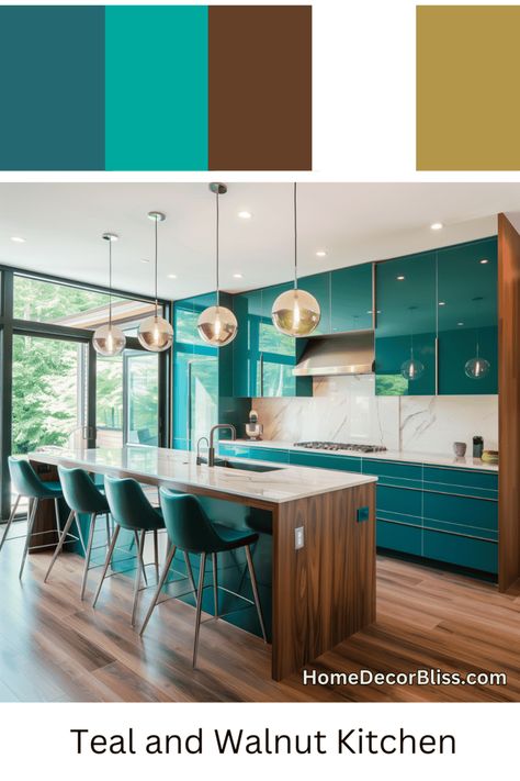 Contemporary Kitchen Design: Teal Cabinets and Walnut Island Teal Cabinets, Creative Kitchen Ideas, Walnut Kitchen, Charming Kitchen, White Marble Countertops, Contemporary Kitchen Design, Cabinetry Design, Chic Kitchen, Stunning Kitchens