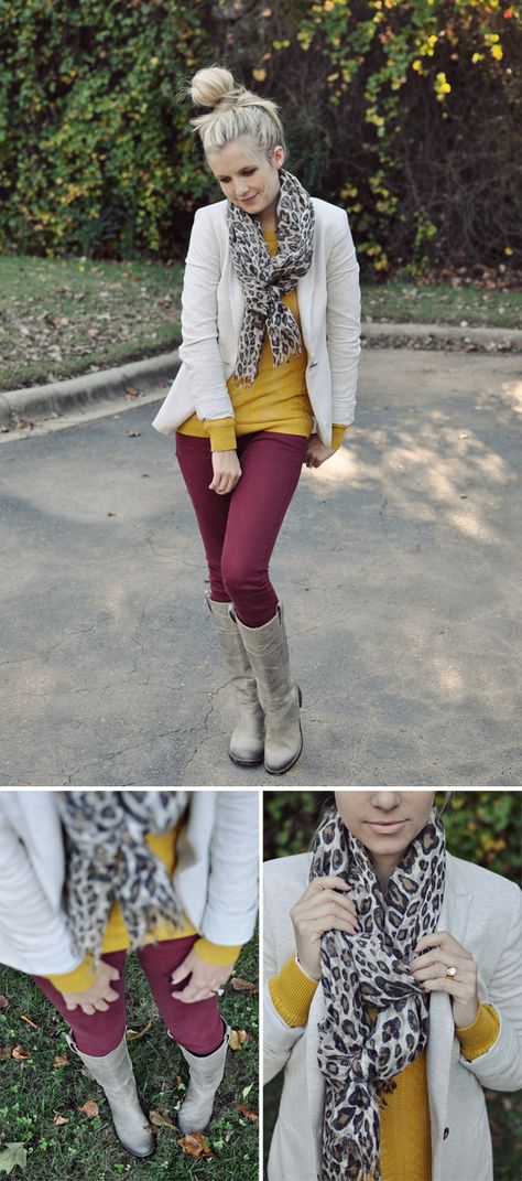 leopard, mustard, and burgundy Mustard Yellow Shirt Outfit, Dress Winter Outfit, Mustard Pants, Mustard Top, Maroon Jeans, What Should I Wear Today, Burgundy Pants, Burgundy Jeans, Cream Blazer