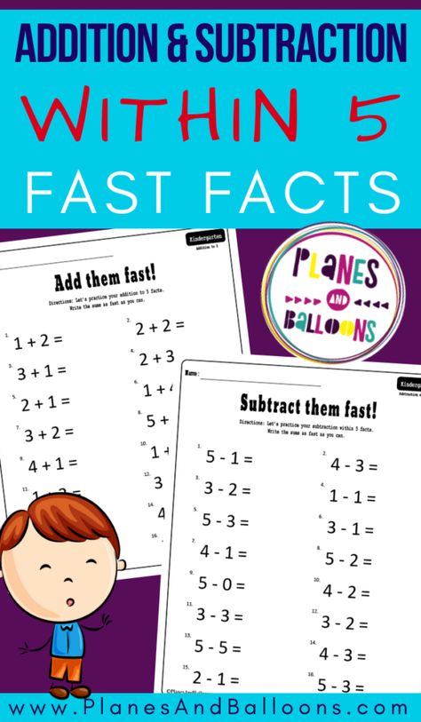 Kindergarten addition facts and subtraction facts fluency - free printable worksheets for addition to 5. #kindergaten #math #planesandballoons Kindergarten Addition, Math Facts Addition, Subtraction Kindergarten, Math Fact Practice, Addition Kindergarten, Addition And Subtraction Practice, Math Practice Worksheets, Math Fluency, Subtraction Practice