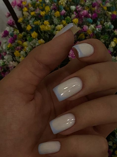 White Base Nails With Blue Design, Milky White Nails With Blue French Tip, Blue Nail White Tip, Bluish White Nails, Light Blue And White Nail Designs, White With Blue French Tip Nails, Blueish White Nails, White Nail Blue French Tip, White Nails With Blue French Tips