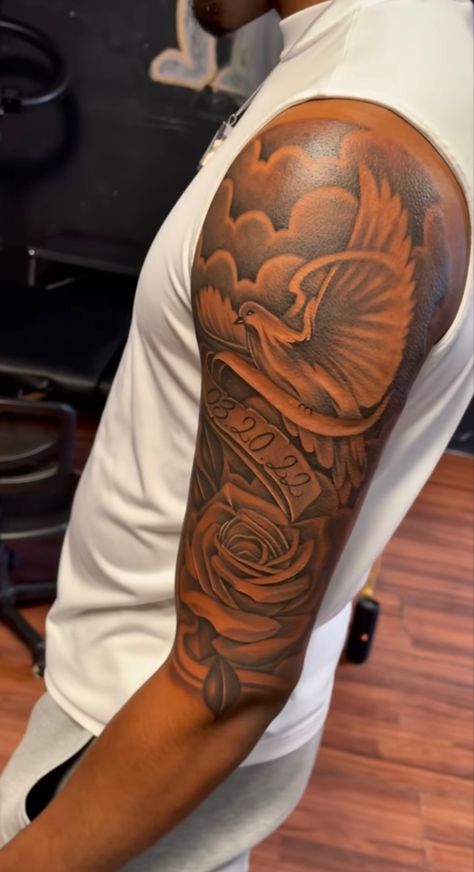 Rip Tattoos For Men Bicep, Rip Tattoos For Men Shoulder, Tatoos Shoulders Men, Bicep Half Sleeve Tattoo Men, Tattoo Designs Men Upper Arm, God Tattoos For Men Shoulder, Old English Tattoo Ideas For Men, Shoulder Name Tattoo Men, Upper Arm Lion Tattoo For Men