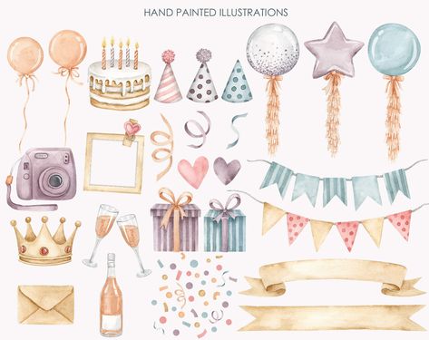 Bunting Clipart, Birthday Cake Illustration, Birthday Party Clipart, Cake Illustration, Invitation Clipart, Party Clipart, Pink Birthday Party, Watercolor Birthday