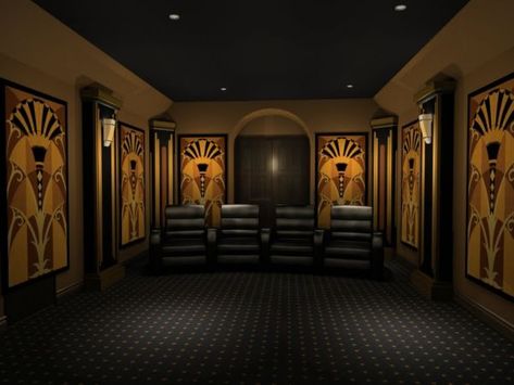 Art Deco Styled Home Theater - Decoist Modern Media Room Design, Art Deco Design Inspiration, Theatre At Home, Art Deco Theatre, Home Movie Theaters, Flappers 1920s, Surreal Environment, Art Deco Cinema, Home Theatre Design